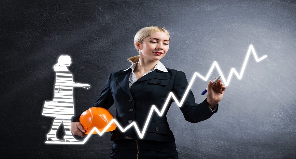 Business,Lady,Drawing,Success,Graph.,Development,Of,Successful,Professional,Career.