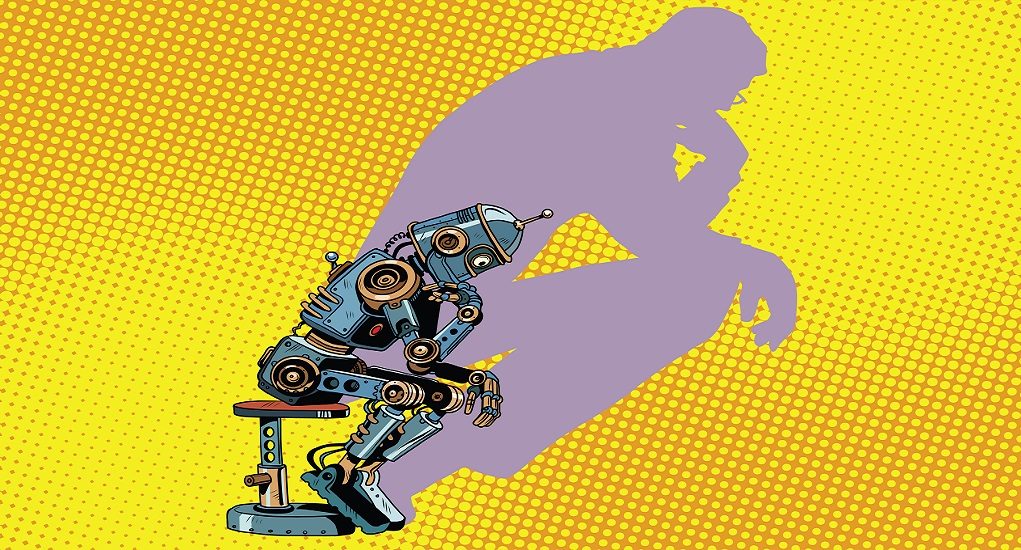 Robot,Thinker,With,The,Shadow,Of,A,Man.,Progress,And
