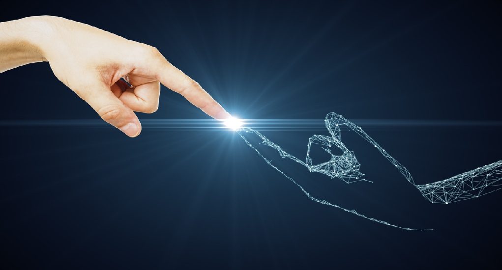 Touching,Fingers,Of,Real,And,Digital,Men,On,Blue,Background.
