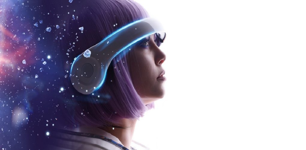 Beautiful,Woman,With,Purple,Hair,In,Futuristic,Costume,Over,White