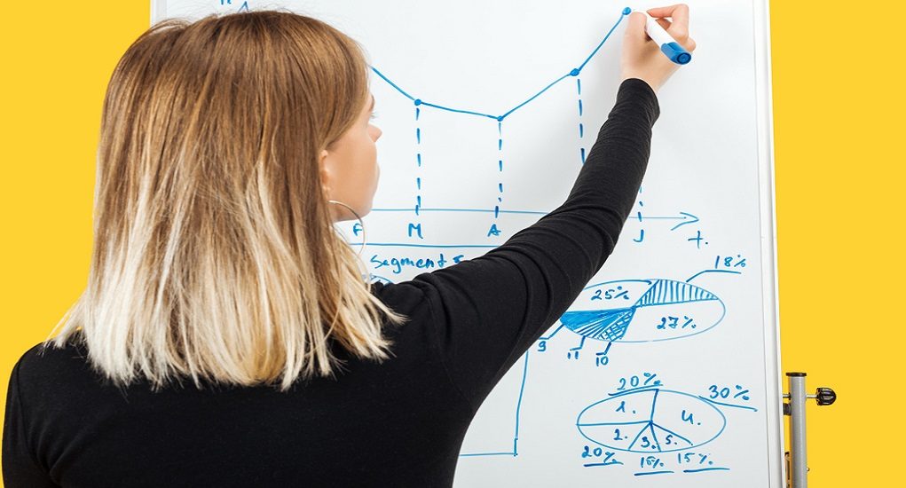 Back,View,Of,Businesswoman,Drawing,Graphics,And,Diagrams,On,White