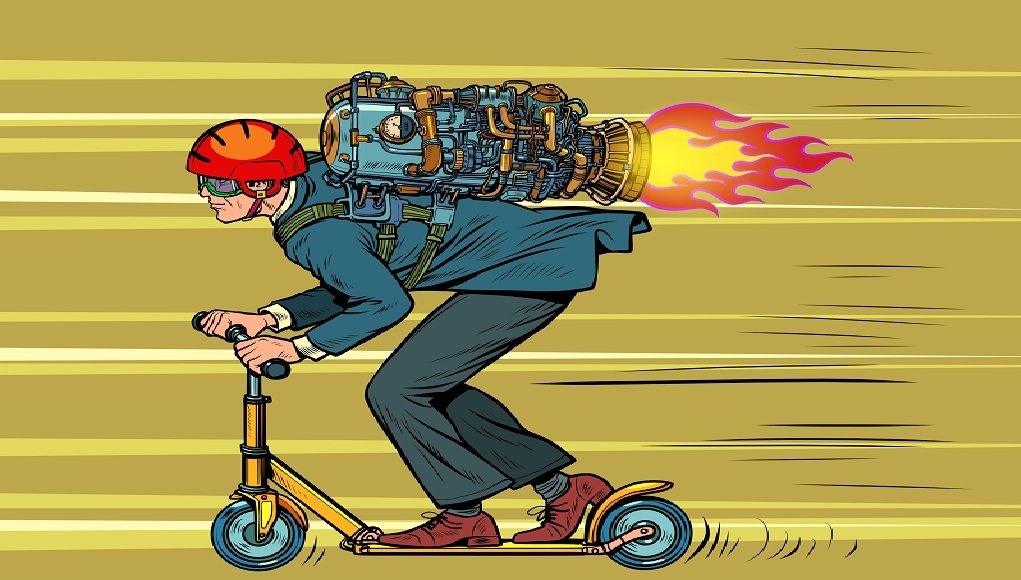 A,Businessman,Is,Riding,A,Scooter.,High,Speed,Jet,Engine.