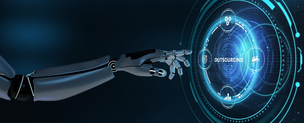 Outsourcing,Human,Resources.,Robot,Pressing,Button,On,Virtual,Screen.,3d