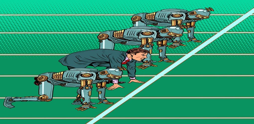 Humans,Compete,With,Robots.,Technical,Revolution.,Pop,Art,Retro,Illustration