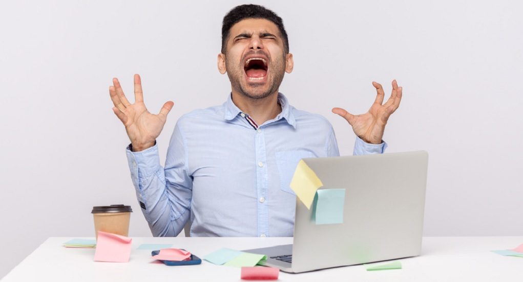 Mad,Crazy,Man,Employee,Sitting,In,Office,Workplace,With,Sticky