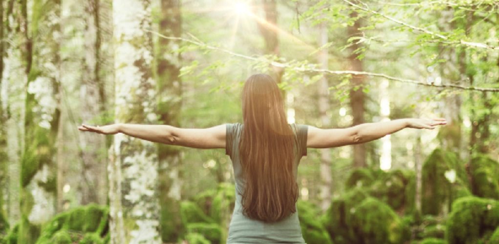 Woman,Spreading,Her,Arms,In,The,Forest,Back,View:,Balance,